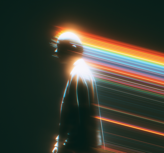 Image of someone change and leaving rainbow line behind them